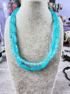 Turquoise Blue Double-Strand Glass Beaded Necklace